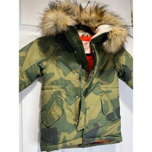 J. Crew Crewcuts Size 2 Kids Army Green Camouflage Down Winter Jacket Fur Hood